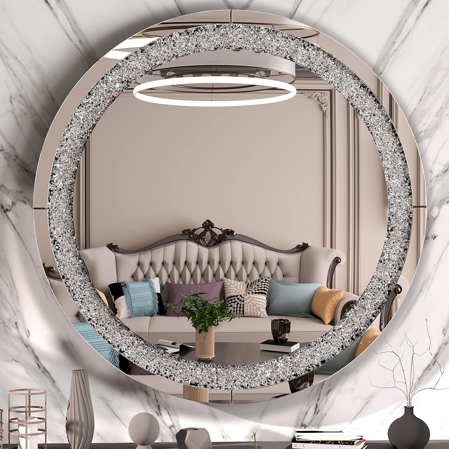 imageHasipu Round Mirrors for Wall Decor 32 inch Large Circle Sliver Wall Mirrors Decorative for Living Room Bathroom Vanity Mirror with Rhinestone Frame
