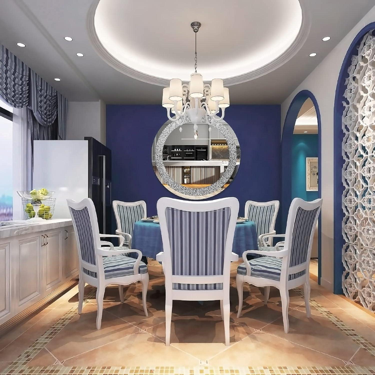 imageHasipu Round Mirrors for Wall Decor 32 inch Large Circle Sliver Wall Mirrors Decorative for Living Room Bathroom Vanity Mirror with Rhinestone Frame