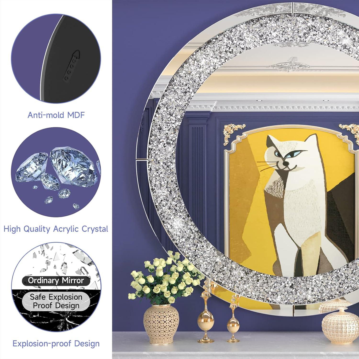 imageHasipu Round Mirrors for Wall Decor 32 inch Large Circle Sliver Wall Mirrors Decorative for Living Room Bathroom Vanity Mirror with Rhinestone Frame