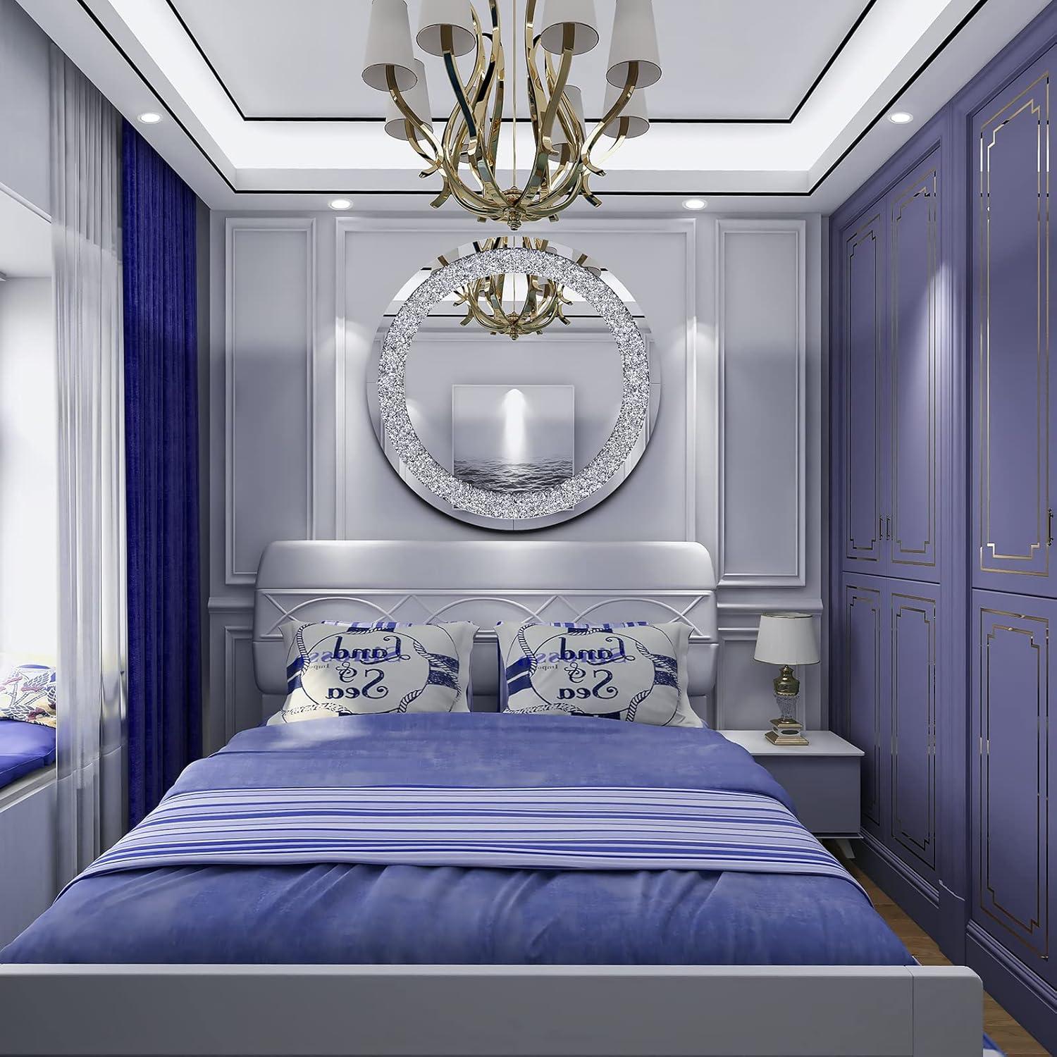 imageHasipu Round Mirrors for Wall Decor 32 inch Large Circle Sliver Wall Mirrors Decorative for Living Room Bathroom Vanity Mirror with Rhinestone Frame