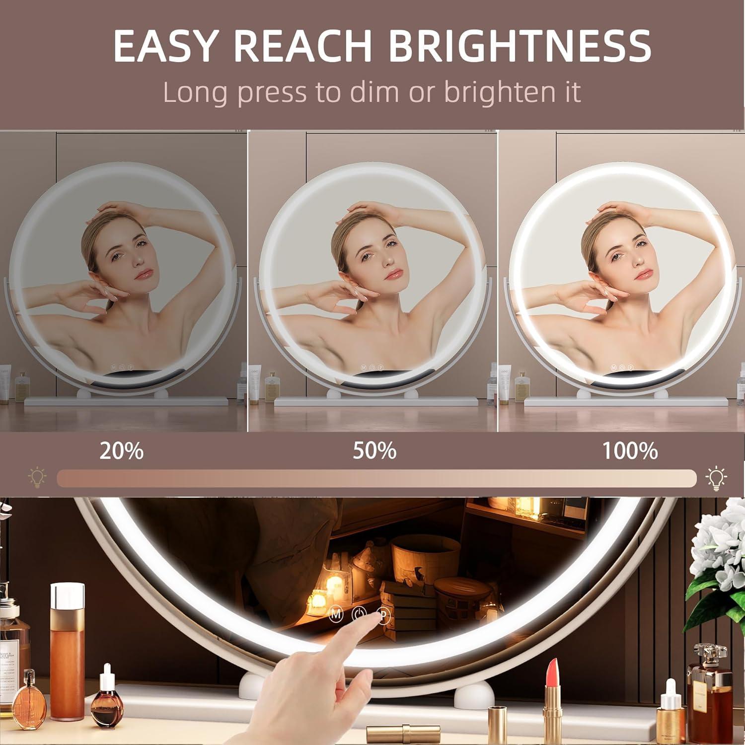 imageHasipu Vanity Mirror with Lights 236quot LED Large Makeup Mirror Lighted Makeup Mirror with Lights Smart Touch Control 3 Colors Dimmable Round Mirror 360Rotation WhiteWhite