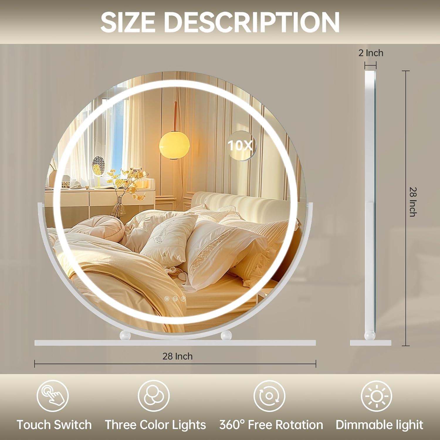imageHasipu Vanity Mirror with Lights 236quot LED Large Makeup Mirror Lighted Makeup Mirror with Lights Smart Touch Control 3 Colors Dimmable Round Mirror 360Rotation WhiteWhite