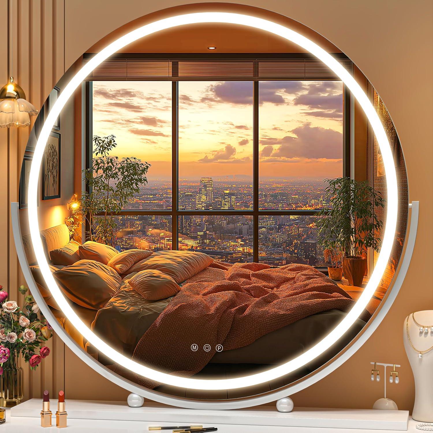 imageHasipu Vanity Mirror with Lights 236quot LED Large Makeup Mirror Lighted Makeup Mirror with Lights Smart Touch Control 3 Colors Dimmable Round Mirror 360Rotation WhiteWhite