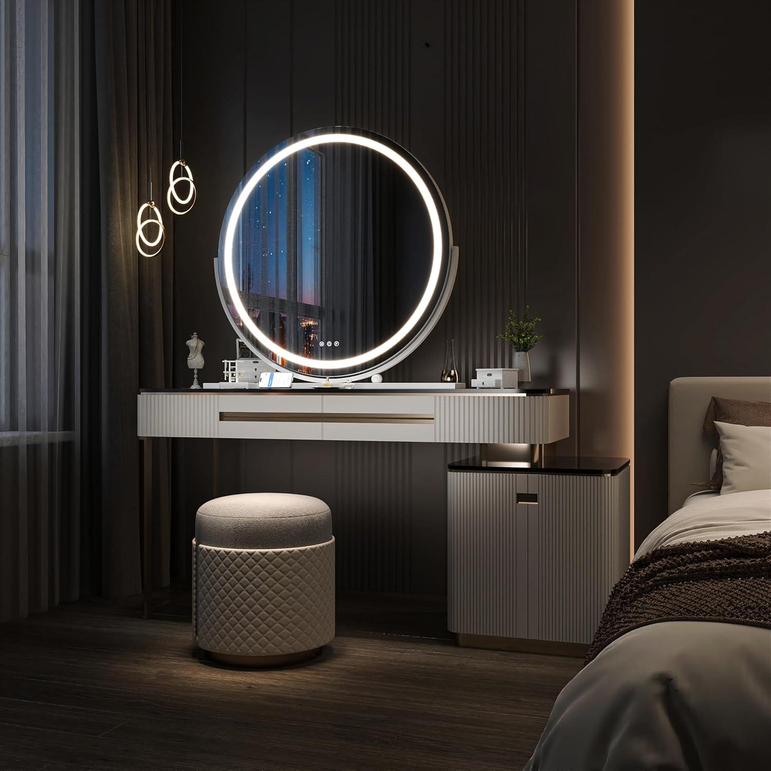 imageHasipu Vanity Mirror with Lights 236quot LED Large Makeup Mirror Lighted Makeup Mirror with Lights Smart Touch Control 3 Colors Dimmable Round Mirror 360Rotation WhiteWhite