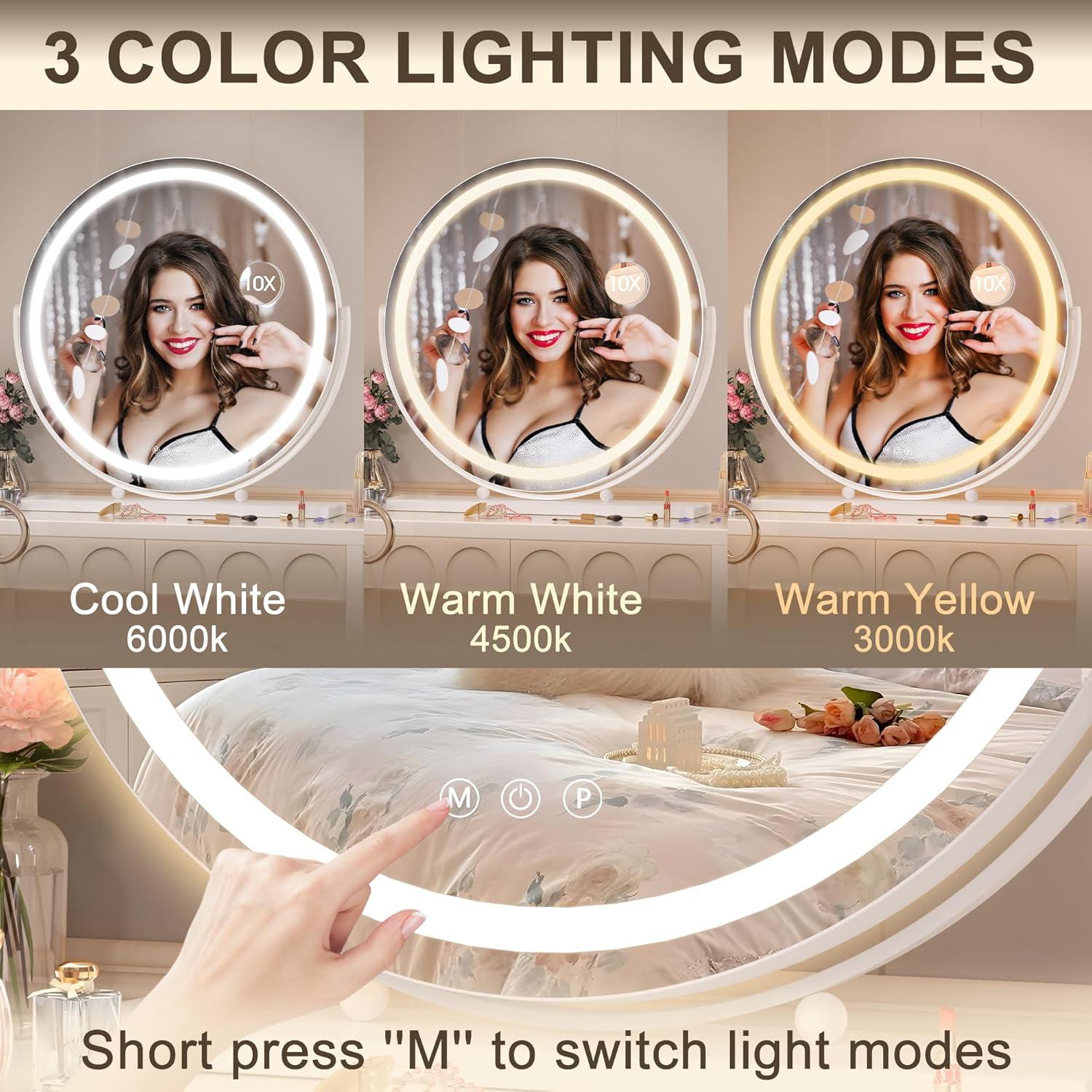 imageHasipu Vanity Mirror with Lights 236quot LED Large Makeup Mirror Lighted Makeup Mirror with Lights Smart Touch Control 3 Colors Dimmable Round Mirror 360Rotation WhiteWhite