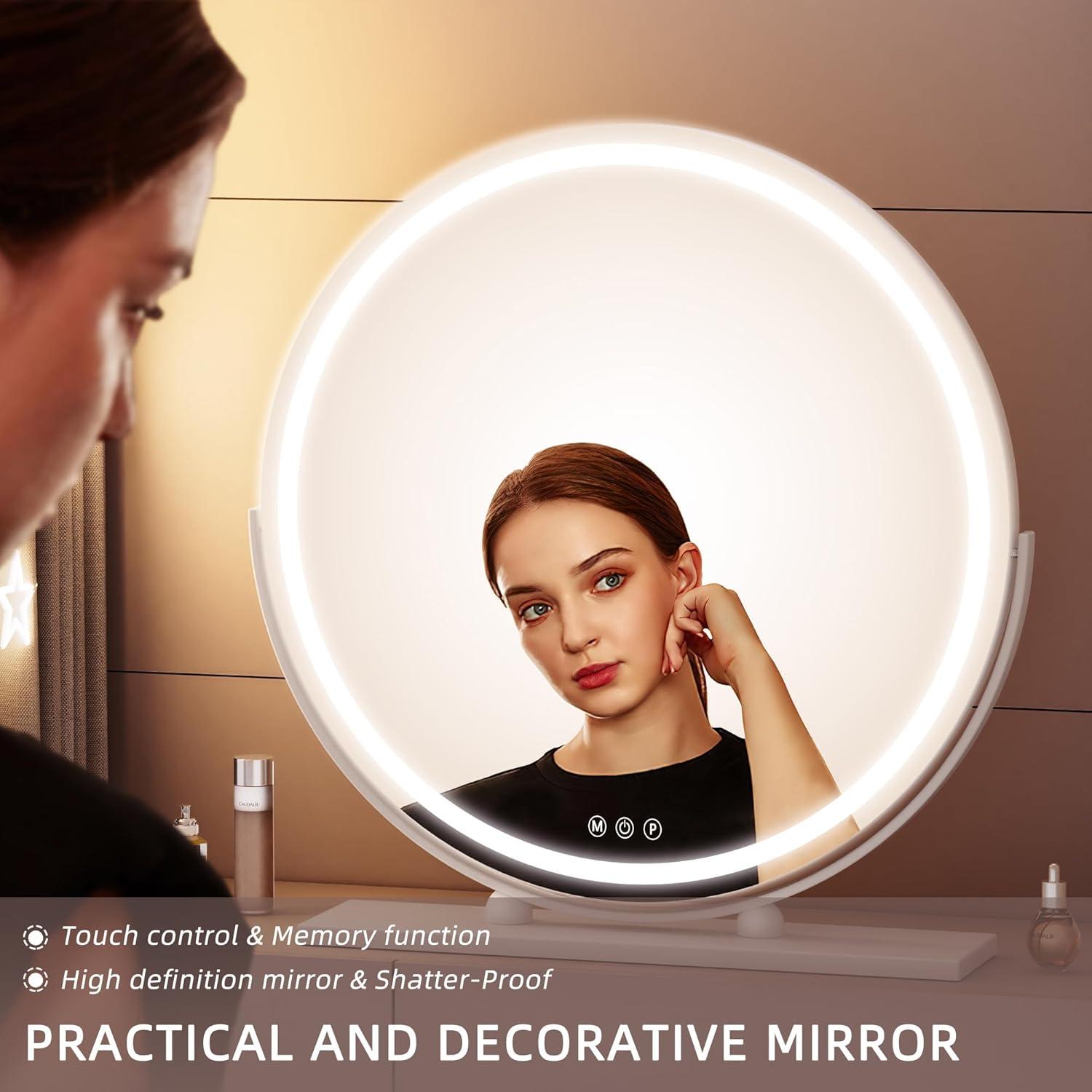 imageHasipu Vanity Mirror with Lights 236quot LED Large Makeup Mirror Lighted Makeup Mirror with Lights Smart Touch Control 3 Colors Dimmable Round Mirror 360Rotation WhiteWhite