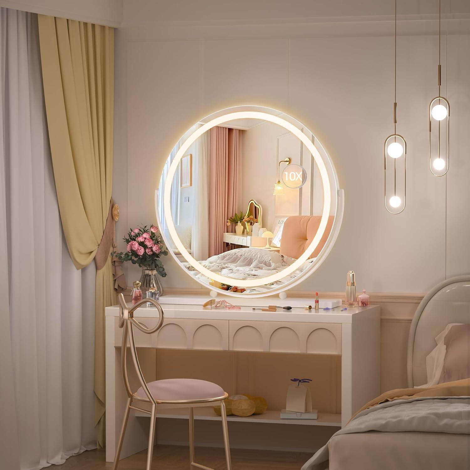 imageHasipu Vanity Mirror with Lights 236quot LED Large Makeup Mirror Lighted Makeup Mirror with Lights Smart Touch Control 3 Colors Dimmable Round Mirror 360Rotation WhiteWhite