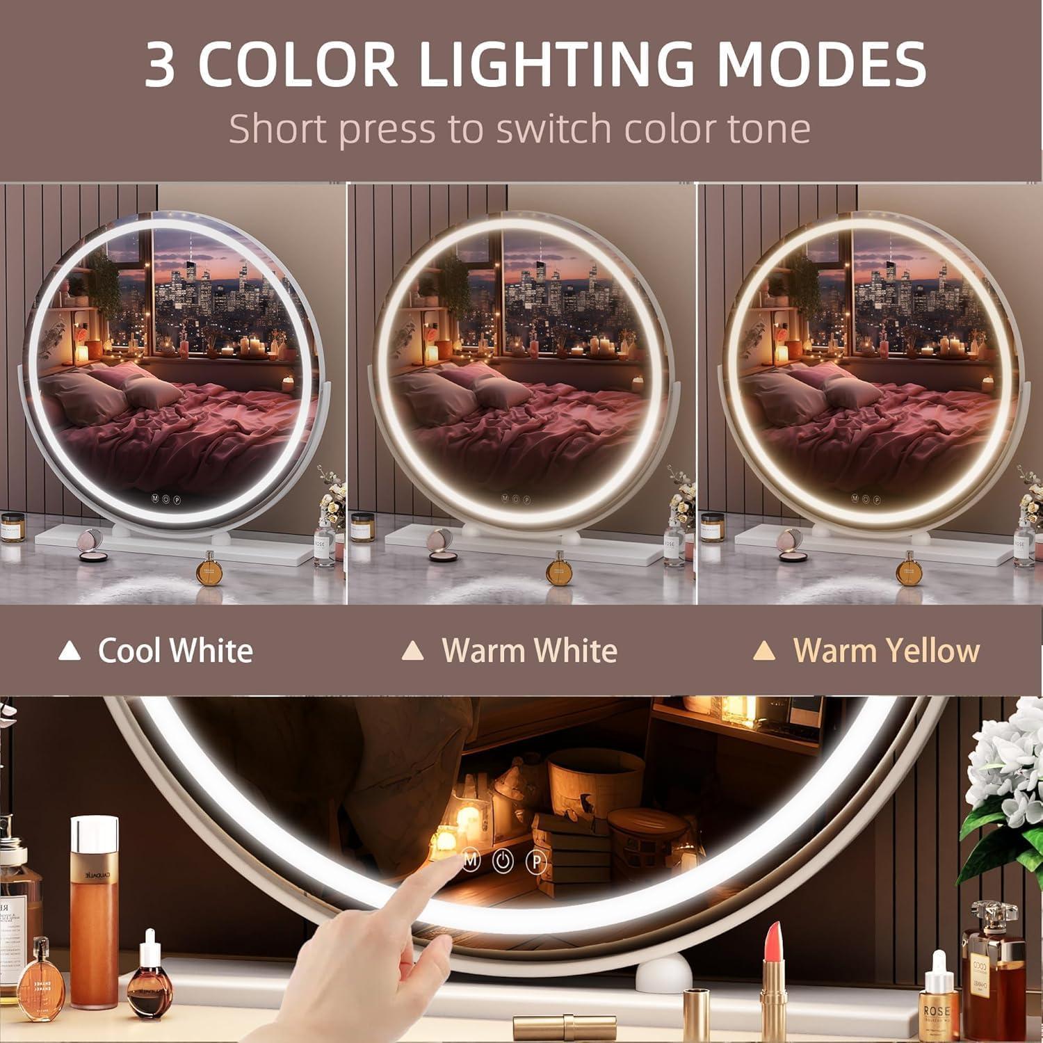 imageHasipu Vanity Mirror with Lights 236quot LED Large Makeup Mirror Lighted Makeup Mirror with Lights Smart Touch Control 3 Colors Dimmable Round Mirror 360Rotation WhiteWhite