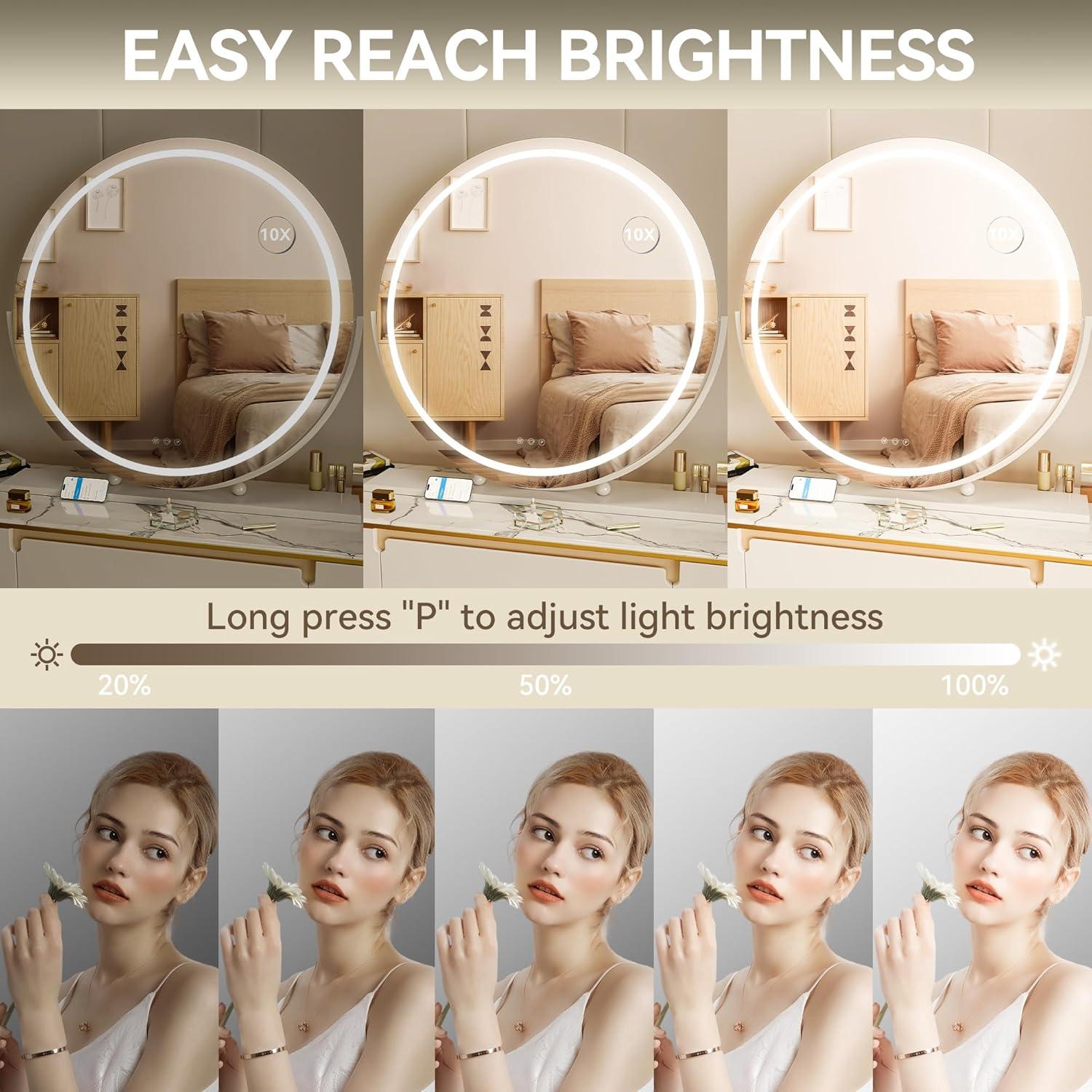imageHasipu Vanity Mirror with Lights 236quot LED Large Makeup Mirror Lighted Makeup Mirror with Lights Smart Touch Control 3 Colors Dimmable Round Mirror 360Rotation WhiteWhite