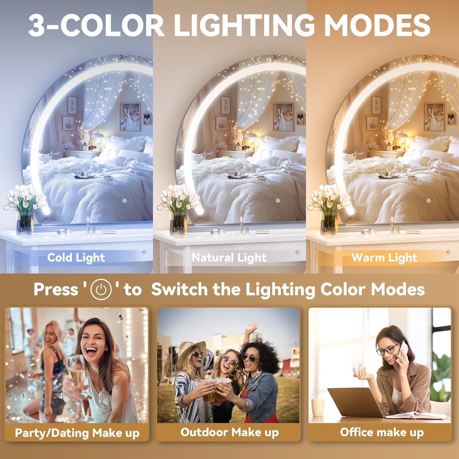 imageHasipu Vanity Mirror with Lights 40quot x 30quot LED Makeup Mirror Lighted Makeup Mirror with Lights Smart Touch Control 3 Colors Dimmable Mirror White