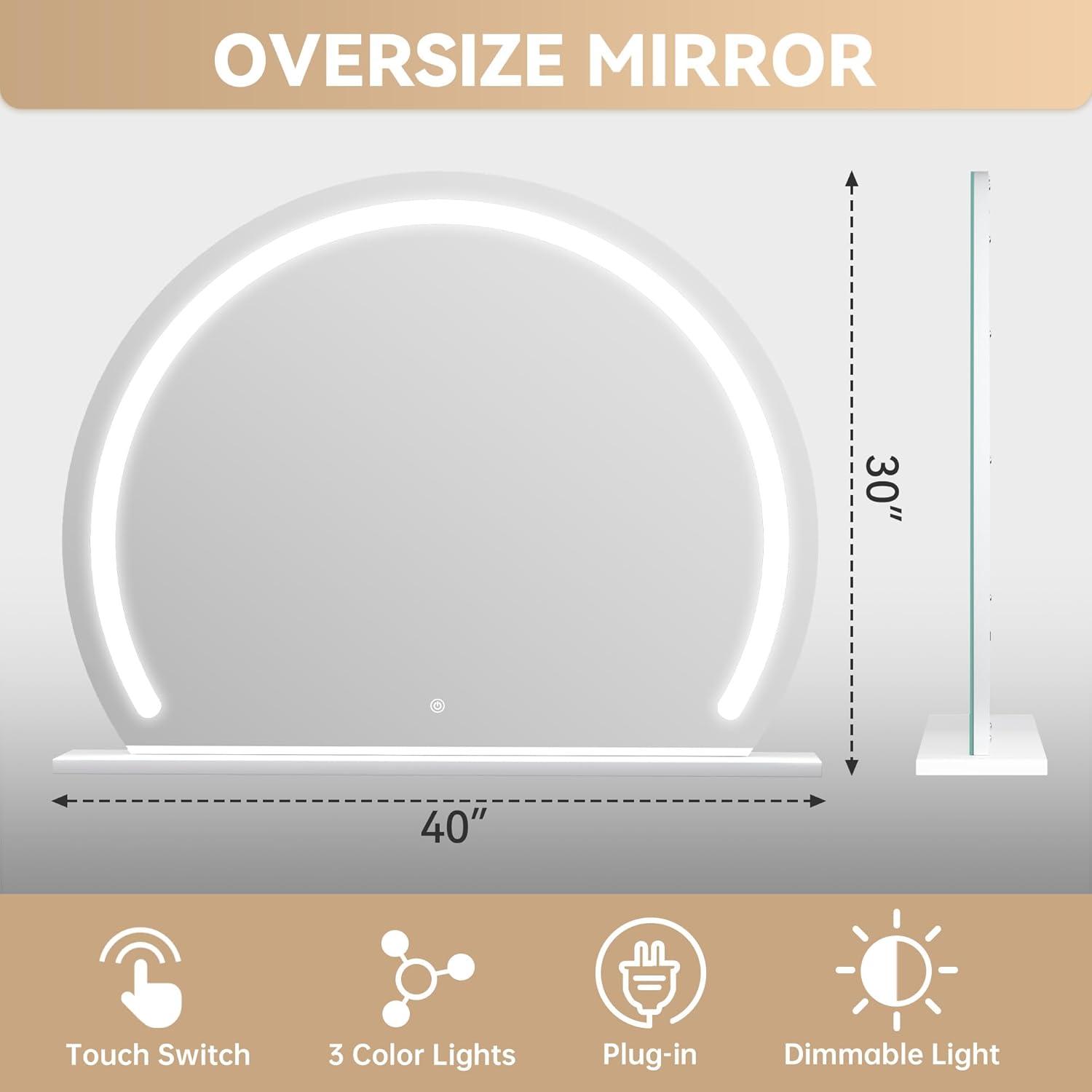 imageHasipu Vanity Mirror with Lights 40quot x 30quot LED Makeup Mirror Lighted Makeup Mirror with Lights Smart Touch Control 3 Colors Dimmable Mirror White