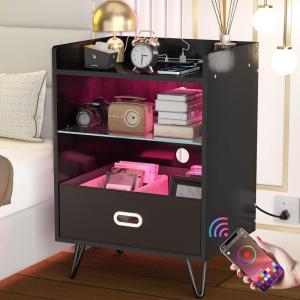 imageHasipu Black Tall Smart Nightstand with Charging Station and Drawer for BedroomLED Bedside End Table with Storage