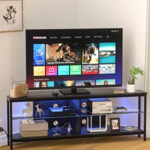 imageHasipu Corner TV Stand for 55 Inch TV Corner TV Stand with LED Lights and Power Outlet Corner Entertainment Center with 4 Open Storage Spaces and Adjustable Glass Shelves Black