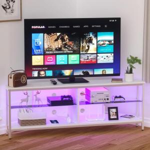 imageHasipu Corner TV Stand for 55 Inch TV Corner TV Stand with LED Lights and Power Outlet Corner Entertainment Center with 4 Open Storage Spaces and Adjustable Glass Shelves White