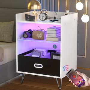 imageHasipu LED Nightstand with Charging Station for BedroomWhite Smart Bedside End Table with USB and Storage Drawer