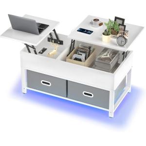 imageHasipu Lift Top Coffee Table with Storage for Living Room LED Furniture 394quotModern Square Center Tables with USB Charging Port White