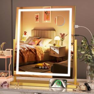 imageHasipu Vanity Mirror with Lights 12quot x 14quot LED Makeup Mirror Light up Mirror with Smart Touch 3 Color Modes and Brightness Adjustment 10X Magnifying Glass360 RotationGold