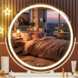 imageHasipu Vanity Mirror with Lights 236quot LED Large Makeup Mirror Lighted Makeup Mirror with Lights Smart Touch Control 3 Colors Dimmable Round Mirror 360Rotation WhiteWhite