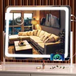 imageHasipu Vanity Mirror with Lights 242quot x 189quot LED Make up Mirror Light up Mirror with 10X Magnification and USB Charging Port Phone Holder Smart Touch 3 Colors Dimmable 360 Rotation BlackRound White