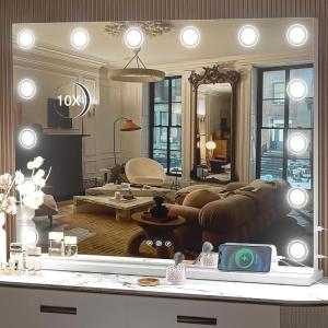 imageHasipu Vanity Mirror with Lights 32quot x 24quot Makeup Mirror Light up Mirror with 14 Dimmable LED Lights and 10X Magnification 3 Colors Modes Touch Control USB Charging Port White RoundWhite