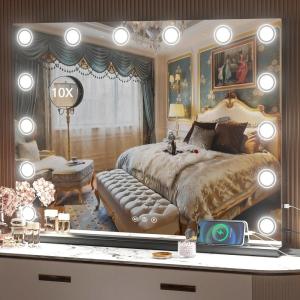 imageHasipu Vanity Mirror with Lights 32quot x 24quot Makeup Mirror Light up Mirror with 14 Dimmable LED Lights and 10X Magnification 3 Colors Modes Touch Control USB Charging Port White RoundBlack