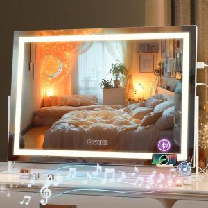 imageHasipu Vanity Mirror with Lights and Bluetooth Speaker 169quot x 134quot LED Makeup Mirror Light up Mirror with 10X Magnification Smart Touch 3 Colors Dimmable Brightness Adjustment White295L x 213W