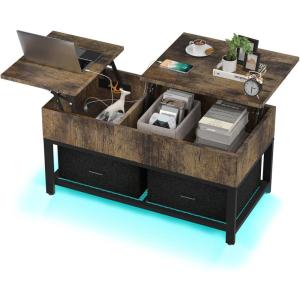 imageLift Top Coffee Table with Storage for Living Room LED Furniture 394quotModern Square Center Tables with USB Charging Port and LED Lights Brown