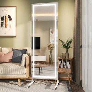 imageHasipu Home Gym Mirror 360 Swivel on Wheels 67quot x 40quot Extra Large Full Body Rolling and Tempered Glass Easy to Move Full Length Mirror for Yoga Studio Bedroom Dancing Studio WhiteWhite Led