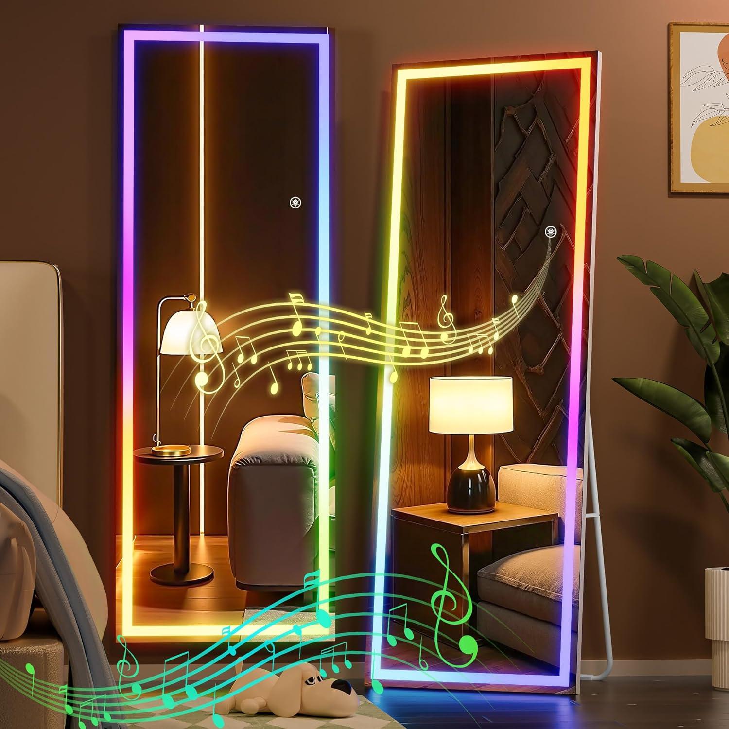 imageHasipu 56quotx16quot LED RGB Bluetooth Full Length Mirror with Lights Full Body Mirror with Stand Wall Mount ampamp Free Standing Floor Mirror for Bedroom Living Room Cloakroom 7 Color ampamp Brightness Adjustable56x16