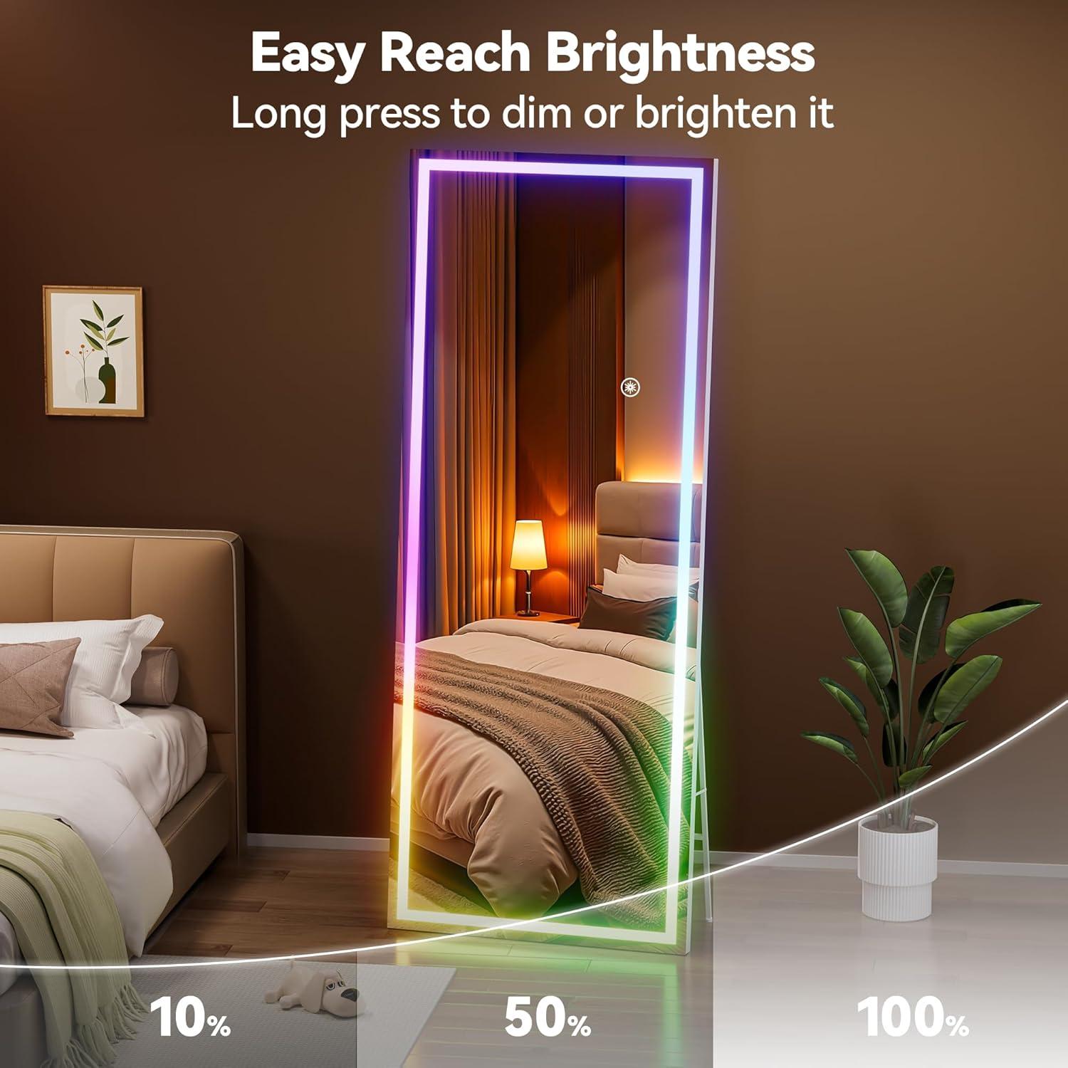 imageHasipu 56quotx16quot LED RGB Bluetooth Full Length Mirror with Lights Full Body Mirror with Stand Wall Mount ampamp Free Standing Floor Mirror for Bedroom Living Room Cloakroom 7 Color ampamp Brightness Adjustable79x35