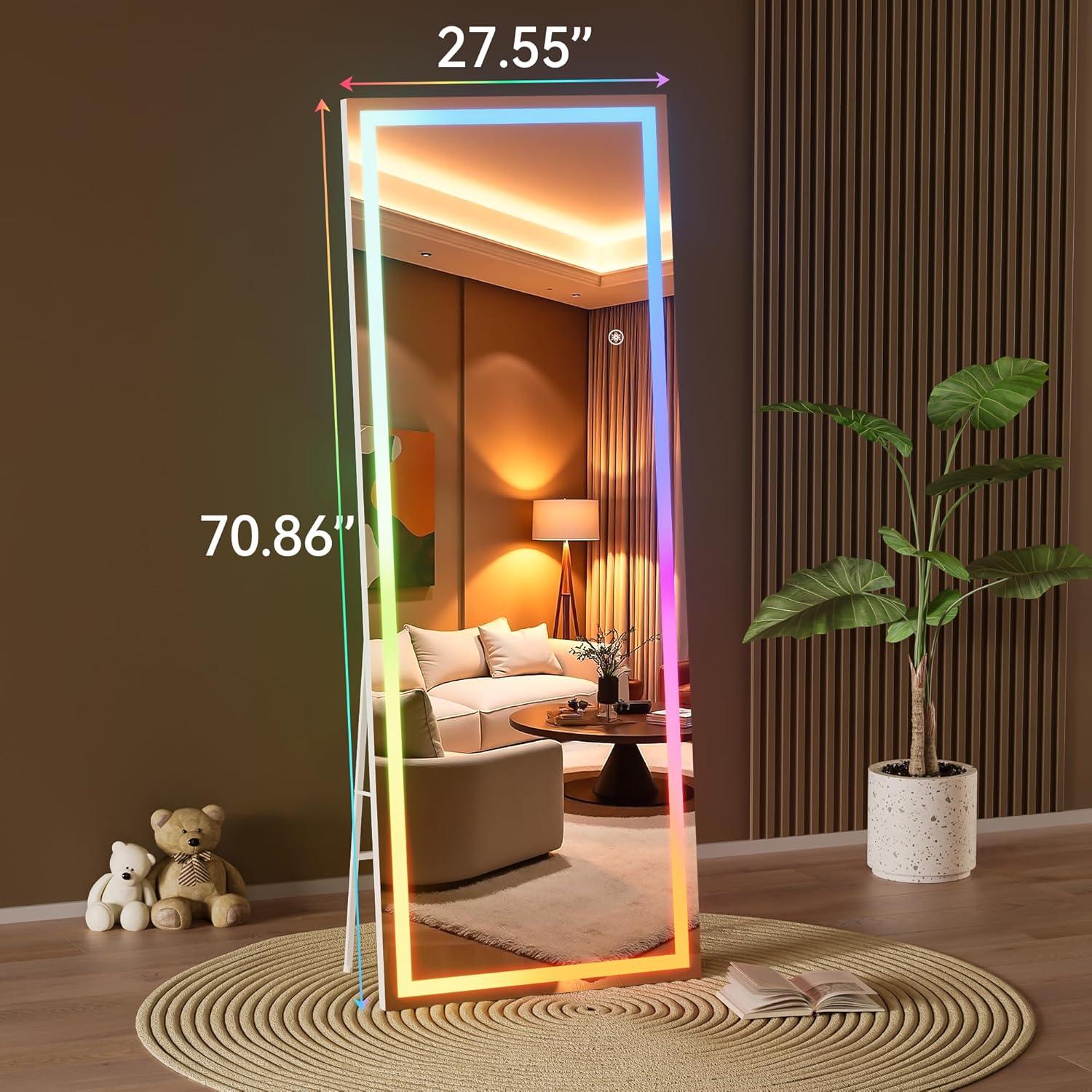 imageHasipu 56quotx16quot LED RGB Bluetooth Full Length Mirror with Lights Full Body Mirror with Stand Wall Mount ampamp Free Standing Floor Mirror for Bedroom Living Room Cloakroom 7 Color ampamp Brightness Adjustable71x28