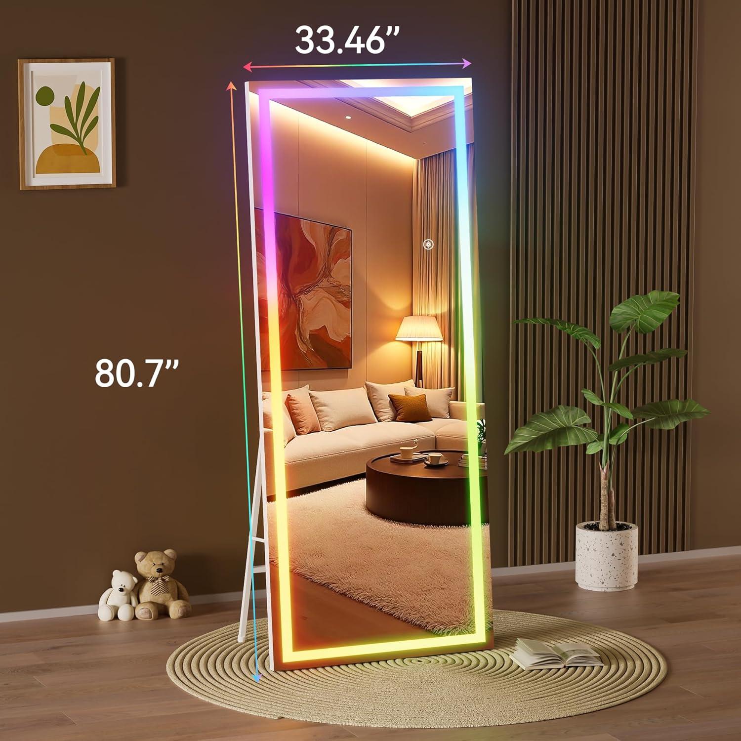 imageHasipu 56quotx16quot LED RGB Bluetooth Full Length Mirror with Lights Full Body Mirror with Stand Wall Mount ampamp Free Standing Floor Mirror for Bedroom Living Room Cloakroom 7 Color ampamp Brightness Adjustable81x33