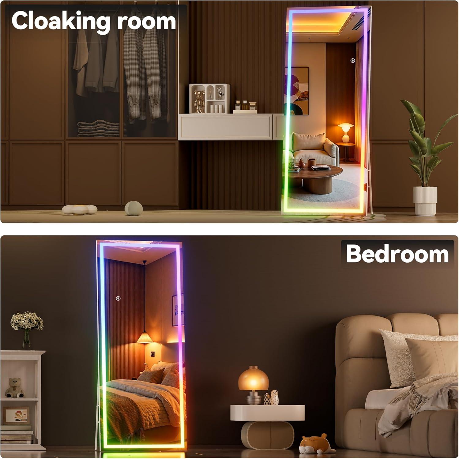imageHasipu 56quotx16quot LED RGB Bluetooth Full Length Mirror with Lights Full Body Mirror with Stand Wall Mount ampamp Free Standing Floor Mirror for Bedroom Living Room Cloakroom 7 Color ampamp Brightness Adjustable79x31