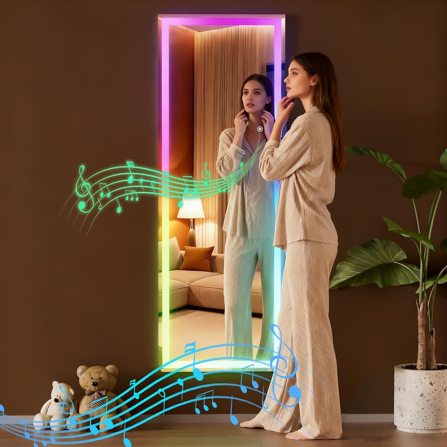 imageHasipu 56quotx16quot LED RGB Bluetooth Full Length Mirror with Lights Full Body Mirror with Stand Wall Mount ampamp Free Standing Floor Mirror for Bedroom Living Room Cloakroom 7 Color ampamp Brightness Adjustable56x16