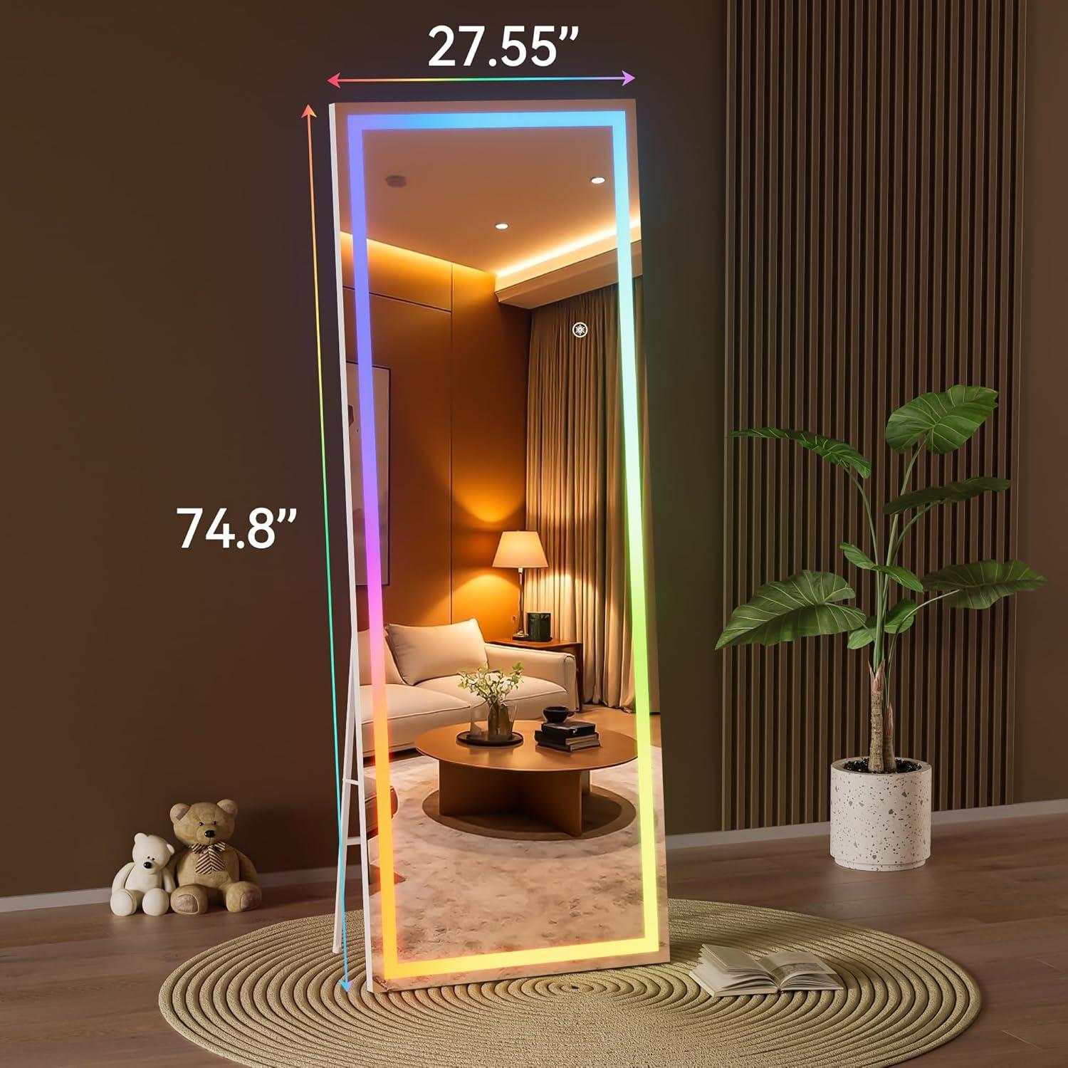 imageHasipu 56quotx16quot LED RGB Bluetooth Full Length Mirror with Lights Full Body Mirror with Stand Wall Mount ampamp Free Standing Floor Mirror for Bedroom Living Room Cloakroom 7 Color ampamp Brightness Adjustable75x28