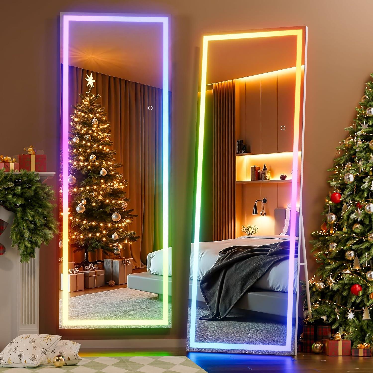 imageHasipu 56quotx16quot LED RGB Bluetooth Full Length Mirror with Lights Full Body Mirror with Stand Wall Mount ampamp Free Standing Floor Mirror for Bedroom Living Room Cloakroom 7 Color ampamp Brightness Adjustable56x157