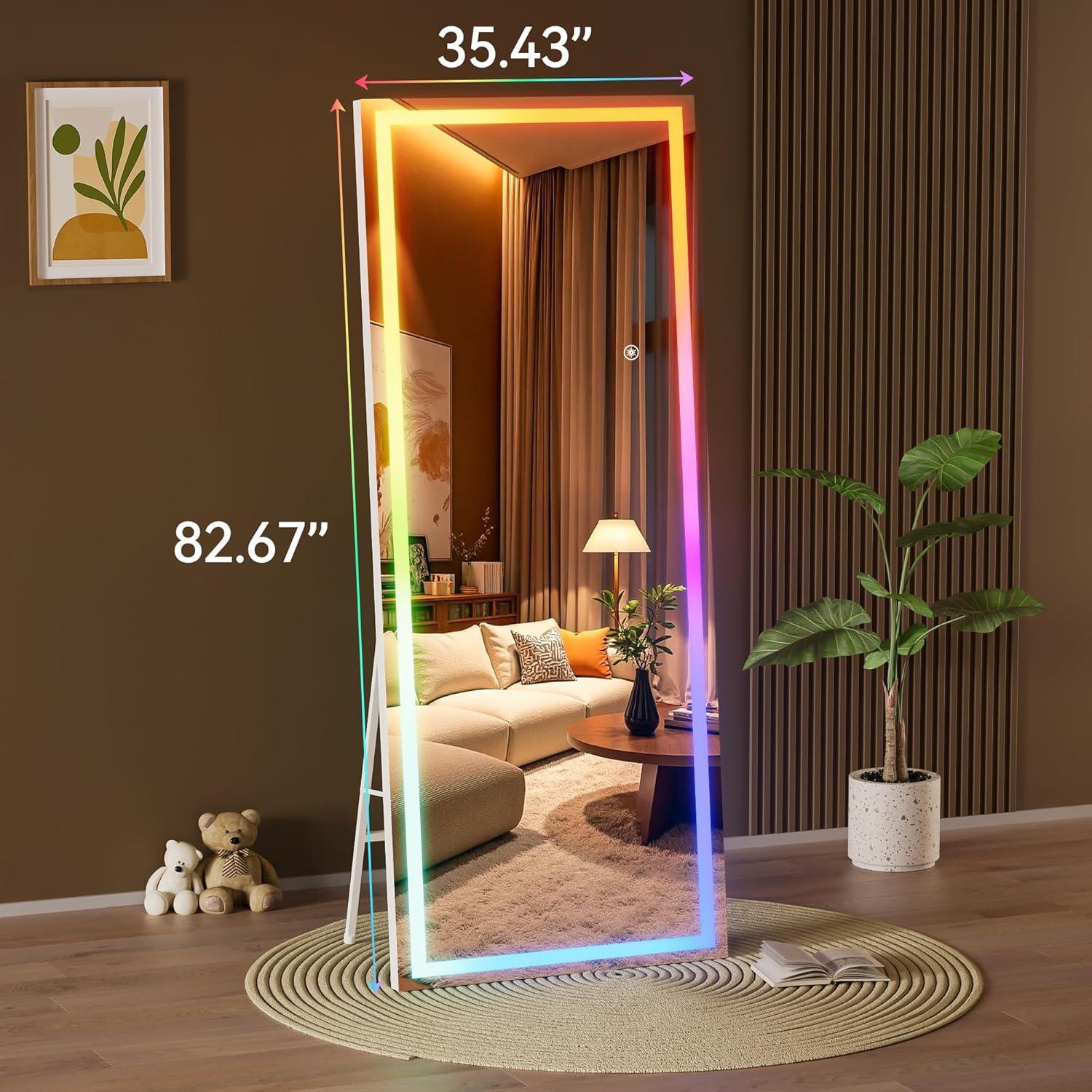imageHasipu 56quotx16quot LED RGB Bluetooth Full Length Mirror with Lights Full Body Mirror with Stand Wall Mount ampamp Free Standing Floor Mirror for Bedroom Living Room Cloakroom 7 Color ampamp Brightness Adjustable83x35