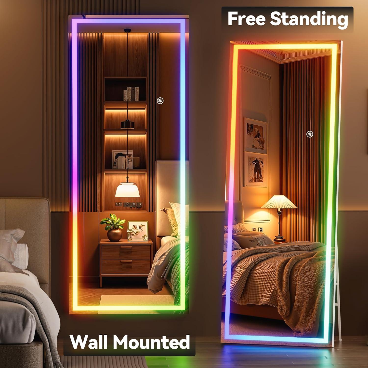 imageHasipu 56quotx16quot LED RGB Bluetooth Full Length Mirror with Lights Full Body Mirror with Stand Wall Mount ampamp Free Standing Floor Mirror for Bedroom Living Room Cloakroom 7 Color ampamp Brightness Adjustable81x33