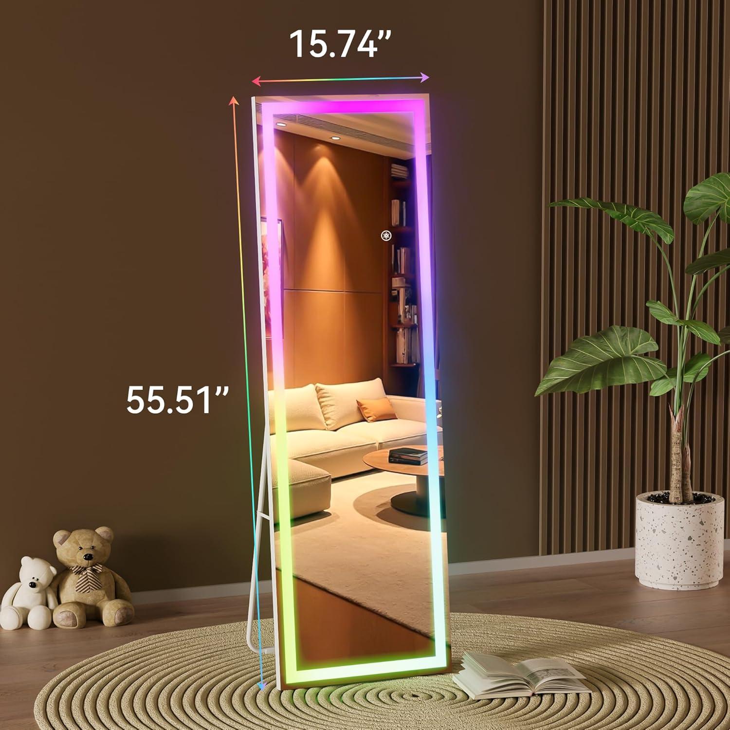 imageHasipu 56quotx16quot LED RGB Bluetooth Full Length Mirror with Lights Full Body Mirror with Stand Wall Mount ampamp Free Standing Floor Mirror for Bedroom Living Room Cloakroom 7 Color ampamp Brightness Adjustable56x16