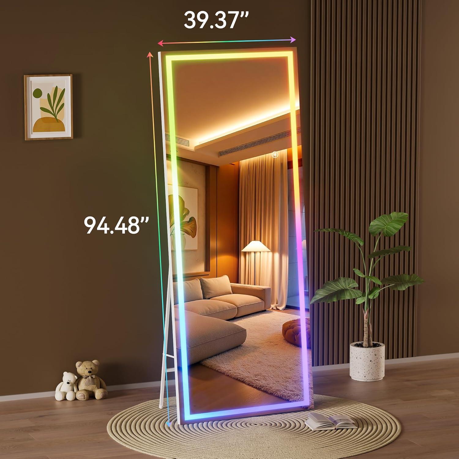 imageHasipu 56quotx16quot LED RGB Bluetooth Full Length Mirror with Lights Full Body Mirror with Stand Wall Mount ampamp Free Standing Floor Mirror for Bedroom Living Room Cloakroom 7 Color ampamp Brightness Adjustable94x39