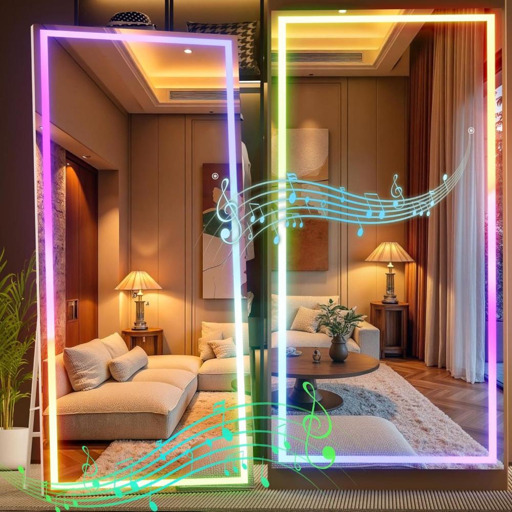 imageHasipu 56quotx16quot LED RGB Bluetooth Full Length Mirror with Lights Full Body Mirror with Stand Wall Mount ampamp Free Standing Floor Mirror for Bedroom Living Room Cloakroom 7 Color ampamp Brightness Adjustable79x35