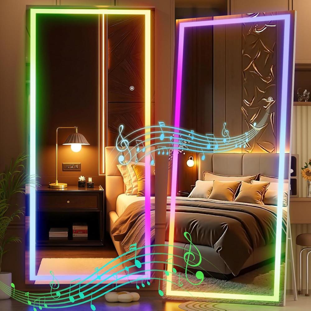 imageHasipu 56quotx16quot LED RGB Bluetooth Full Length Mirror with Lights Full Body Mirror with Stand Wall Mount ampamp Free Standing Floor Mirror for Bedroom Living Room Cloakroom 7 Color ampamp Brightness Adjustable71x31