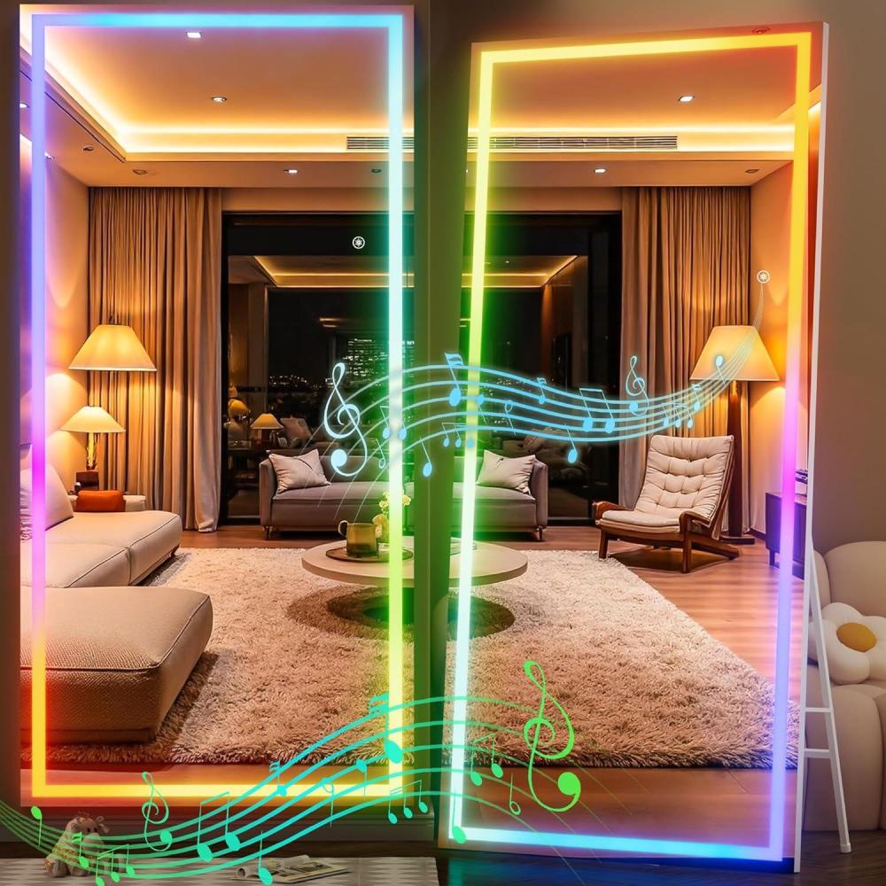 imageHasipu 56quotx16quot LED RGB Bluetooth Full Length Mirror with Lights Full Body Mirror with Stand Wall Mount ampamp Free Standing Floor Mirror for Bedroom Living Room Cloakroom 7 Color ampamp Brightness Adjustable83x35
