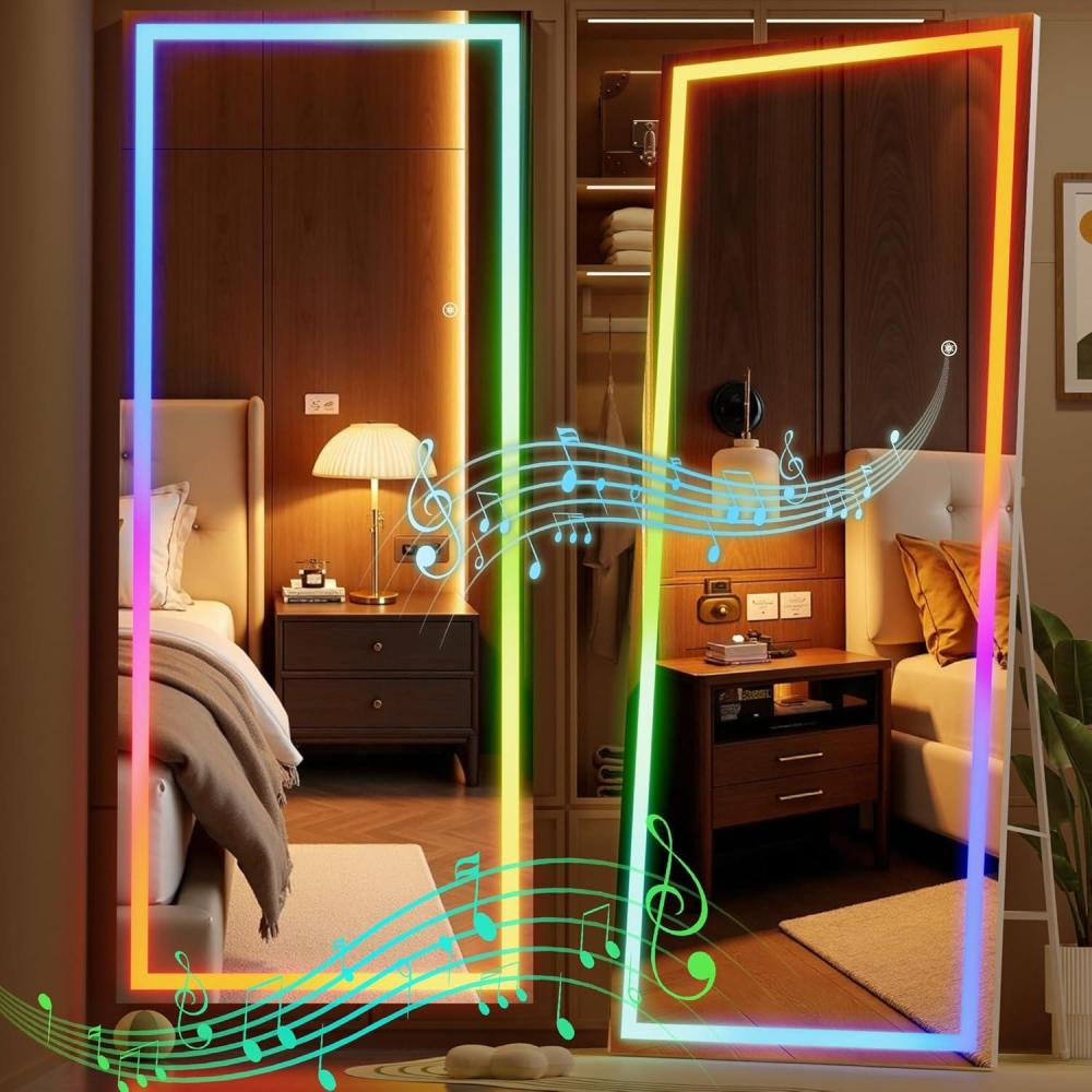 imageHasipu 56quotx16quot LED RGB Bluetooth Full Length Mirror with Lights Full Body Mirror with Stand Wall Mount ampamp Free Standing Floor Mirror for Bedroom Living Room Cloakroom 7 Color ampamp Brightness Adjustable71x28