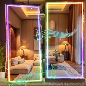 imageHasipu 56quotx16quot LED RGB Bluetooth Full Length Mirror with Lights Full Body Mirror with Stand Wall Mount ampamp Free Standing Floor Mirror for Bedroom Living Room Cloakroom 7 Color ampamp Brightness Adjustable79x35