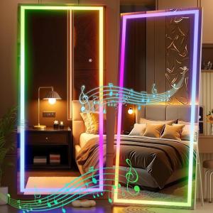 imageHasipu 56quotx16quot LED RGB Bluetooth Full Length Mirror with Lights Full Body Mirror with Stand Wall Mount ampamp Free Standing Floor Mirror for Bedroom Living Room Cloakroom 7 Color ampamp Brightness Adjustable71x31
