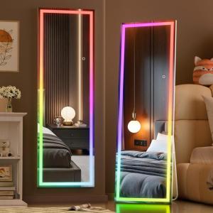 imageHasipu 56quotx16quot LED RGB Bluetooth Full Length Mirror with Lights Full Body Mirror with Stand Wall Mount ampamp Free Standing Floor Mirror for Bedroom Living Room Cloakroom 7 Color ampamp Brightness Adjustable56x157
