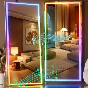imageHasipu 56quotx16quot LED RGB Bluetooth Full Length Mirror with Lights Full Body Mirror with Stand Wall Mount ampamp Free Standing Floor Mirror for Bedroom Living Room Cloakroom 7 Color ampamp Brightness Adjustable79x31