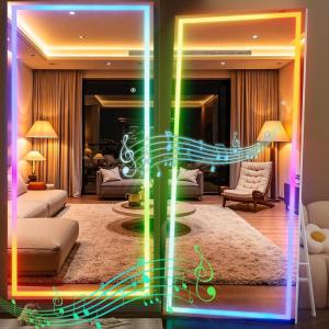 imageHasipu 56quotx16quot LED RGB Bluetooth Full Length Mirror with Lights Full Body Mirror with Stand Wall Mount ampamp Free Standing Floor Mirror for Bedroom Living Room Cloakroom 7 Color ampamp Brightness Adjustable83x35
