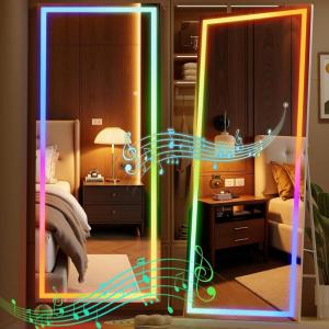 imageHasipu 56quotx16quot LED RGB Bluetooth Full Length Mirror with Lights Full Body Mirror with Stand Wall Mount ampamp Free Standing Floor Mirror for Bedroom Living Room Cloakroom 7 Color ampamp Brightness Adjustable71x28